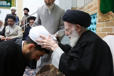  عمامه گذاری طلاب در نیمه شعبان با حضور حضرت آیت الله شبیری زنجانی + تصاویر