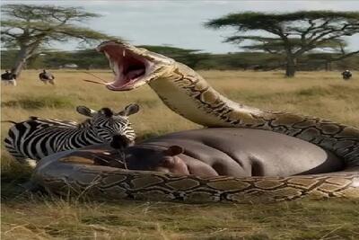  مستند حیات وحش / اسب آبی به آرامی درون مار پیتون ذوب میشود