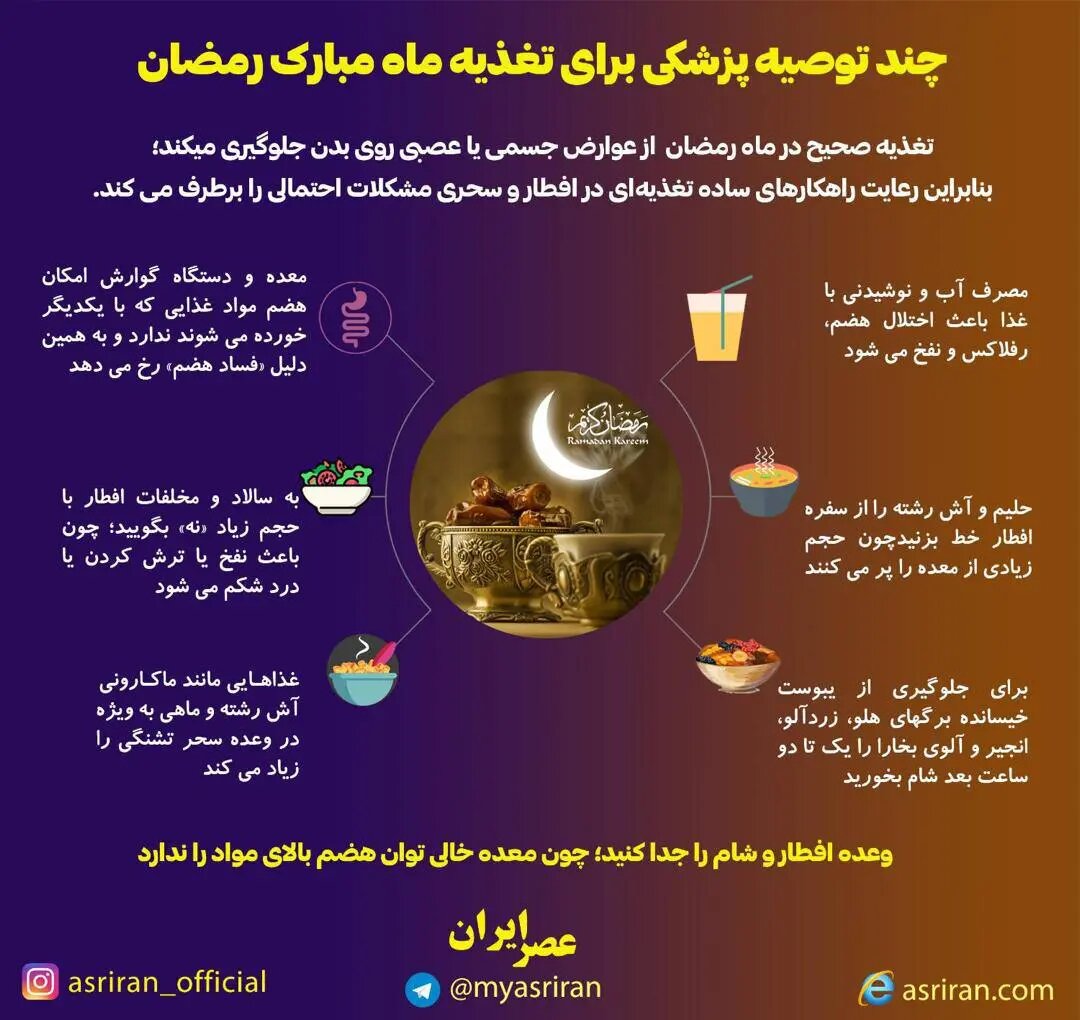 چند توصیه پزشکی برای تغذیه در ماه مبارک رمضان + اینفوگرافی